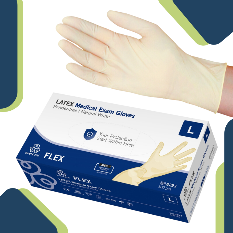 evercare FLEX, vienkartinės latekso pirštinės, be pudros, 50 porų